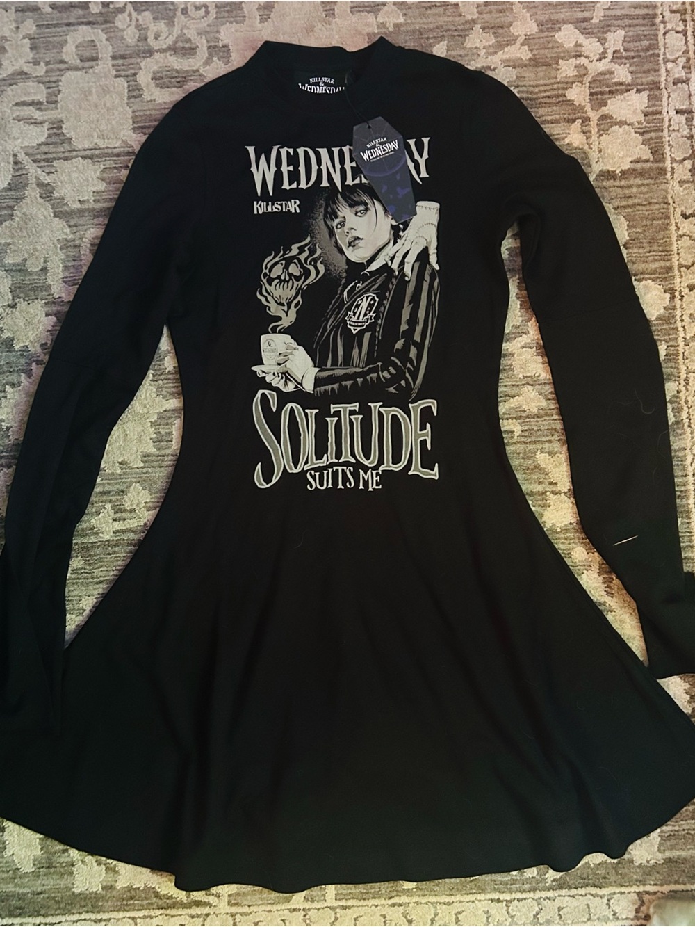 NWT Medium Wednesday Killstar Black Graphic Skater Dress - "Solitude Suits Me"